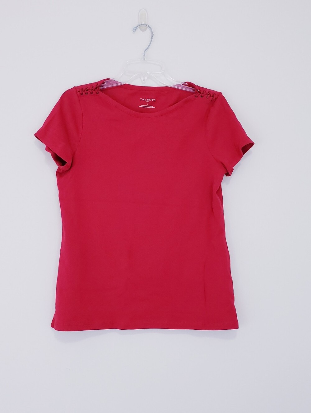 Talbots Red Short-Sleeve Lace-Up Shoulder Tee Size Large 100% Cotton Nautical